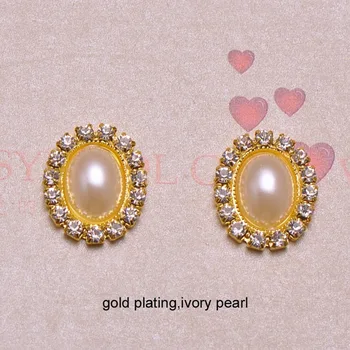 (J0007) 17mmX22mm de diamante de imitación de botón,botón ovalado,de la parte posterior plana,de color blanco puro o perla de la perla,de plata o de oro o el chapado en oro antiguo