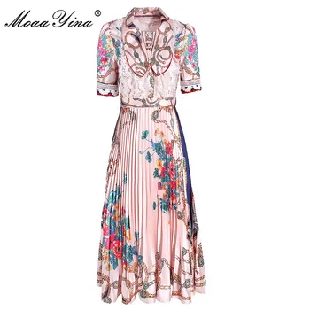 MoaaYina Diseñador de Moda vestido de Verano de las Mujeres del Vestido de manga Corta de Arco collar de Encaje de Flores de Impresión de Pliegues Elegantes Vestidos