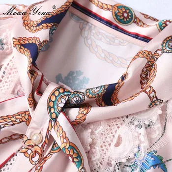 MoaaYina Diseñador de Moda vestido de Verano de las Mujeres del Vestido de manga Corta de Arco collar de Encaje de Flores de Impresión de Pliegues Elegantes Vestidos