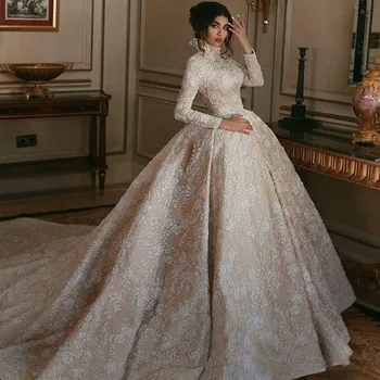 D luxe haut cou Champagne moyen-orient robe de mariée blanc dentelle apliques manches longues arabe robes de mariée Tribunal Tren
