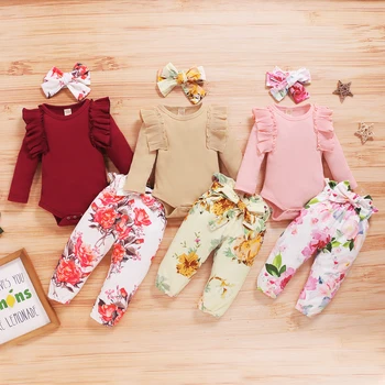Bebé Bebé Ropa 2020 Color Sólido Cuello Redondo de Manga Larga de Bebé Mono+ Impresión Floral Pantalones+ Diadema 3pcs
