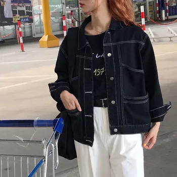 Chaquetas de mezclilla para Mujer de Moda Negro de Pecho Solo Botón Casual Abrigo 2020 Otoño Nuevo coreano Flojo Alta de la Calle Jean Outwear
