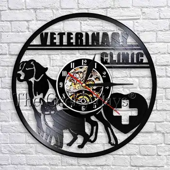 1Piece Veterinaria Climic Arte de Decoración de paredes Perro Gato Mascota Animal 3D Relojes de Diseño Moderno Reloj de Pared Vintage Reloj de Pared de Vinilo