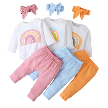 2020 Otoño Bebé arco iris Ropa de Bebé Niños Niñas de Manga Larga arco iris de Impresión Superior Mameluco de Pantalones de Traje de Banda de Pelo 3Pcs Algodón 3-18M