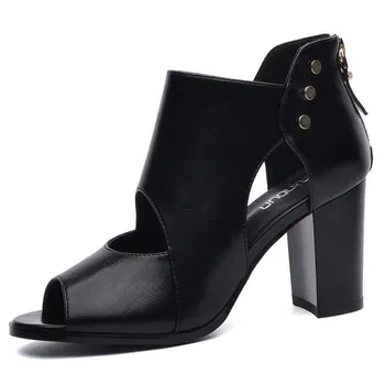 La moda Hueco Peep Toe zapatos de tacón alto ziping negro sandalias de tacón sexy Madura abierta de dedo de grueso tacón zapatos de boda de las mujeres 34-41