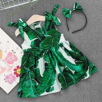 LONSANT Niño de las Niñas de Bebé Vestido de Tirantes verde Dulce Deja Impresa Vestido de moda de verano de los niños de las Niñas Vestido de Fiesta + Diadema conjunto