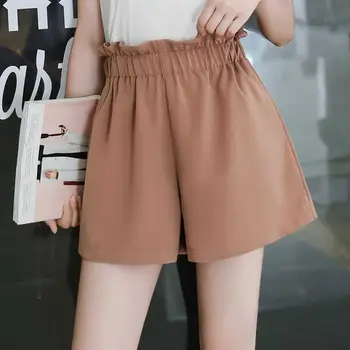 Pantalones cortos de la Mujer Elástica en la cintura con Cordón Elegante partido al estilo coreano Corto Damas Pantalones de pierna Ancha Holgados de Ocio de Moda de Simple
