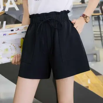 Pantalones cortos de la Mujer Elástica en la cintura con Cordón Elegante partido al estilo coreano Corto Damas Pantalones de pierna Ancha Holgados de Ocio de Moda de Simple