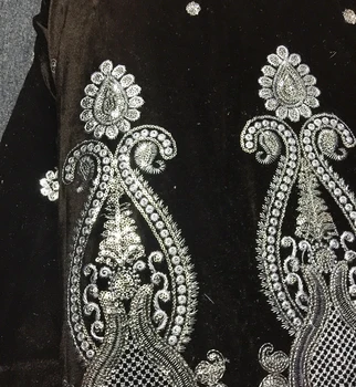 La moda de pana Marrón material de áfrica bordado suave terciopelo tela de encaje con lentejuelas para las mujeres vestido de 5yards/pc