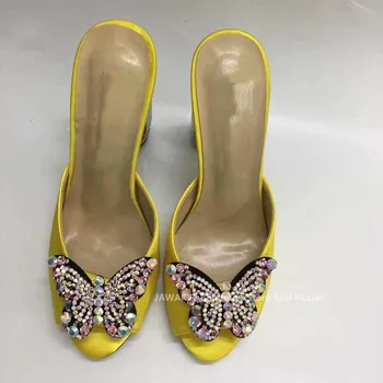 Sexy sandalias de las mujeres de cristal de la mariposa nudo de la decoración de diamantes de zapatos de tacón alto rhinestone vestido de zapatillas de verano de las señoras zapatos de la boda