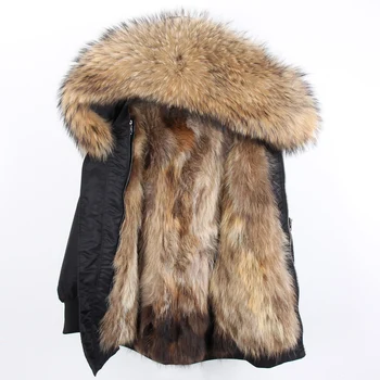 Maomaokong nueva moda de ropa de mujer Natural de piel de mapache cuello grande Mapache forro de Mujer chaqueta de invierno del parque escudo bordado