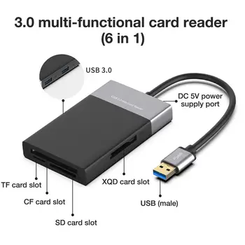6 En 1 Multi Lector de Tarjetas de Memoria ABS carcasa de Aleación de Aluminio de PVC Alambre Lector USB 3.0 de 2 Puertos HUB de Alta Velocidad Adaptador Para XQD CF SD TF