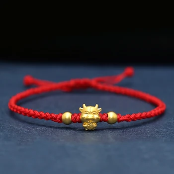 999 Real 24K Oro Amarillo de Mujer Pulsera de 3D Suerte BUEY Cordón Rojo de la Armadura de la Pulsera / el Mejor Regalo
