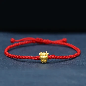 999 Real 24K Oro Amarillo de Mujer Pulsera de 3D Suerte BUEY Cordón Rojo de la Armadura de la Pulsera / el Mejor Regalo