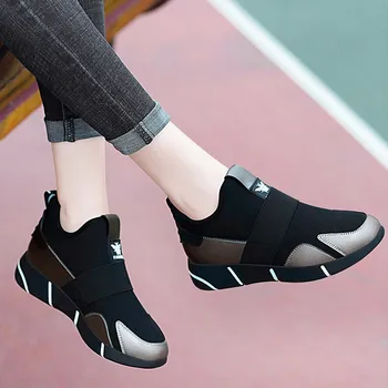 2019 Primavera Nueva Moda de Cuero de la PU de la Plataforma de Zapatillas Slip-On el Aumento de Altura de la Plataforma de Zapatillas de deporte de las Mujeres de la Luz de los Zapatos de las Mujeres