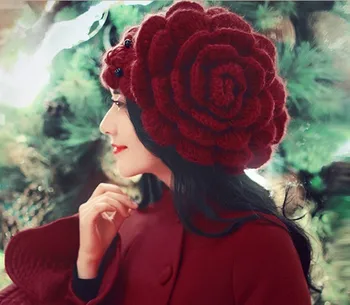 Dulce mujer sombrero de invierno Gorros de flores grandes Perlas de Tapas Señora del Arnés Gorros de Invierno para Mujeres con Sombreros de mujer de Lana Sombrero de Punto