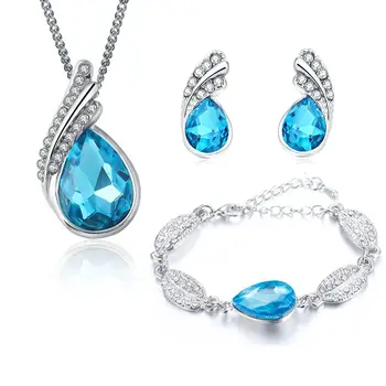 QiLeSen Fina joyería de la plata esterlina 925 adecuado para damas conjunto, bañera de Cristal Azul del Collar de la pulsera del Pendiente del Conjunto de YW171