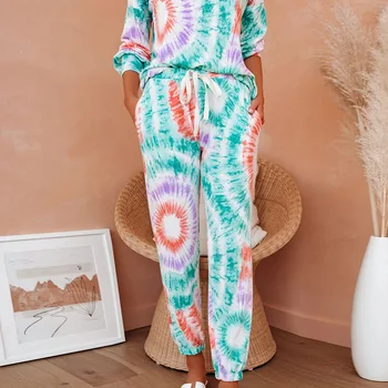 Casual Pijamas de Impresión del tinte del Lazo Slim Ajustado Top Y Pantalones Largos Conjunto de Otoño de Manga Larga de las Mujeres de Dos piezas de Trajes