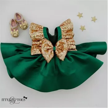 Verde esmeralda de la Nueva Poco de Cumpleaños de las Niñas Vestido de Longitud de la Rodilla con Lentejuelas Arco de Flores Vestido de Niña para Boda Personalizadas de las Niñas Vestido de