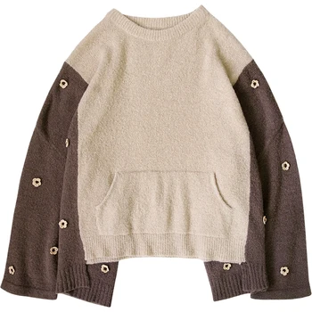 Imakokoni de coincidencia de color de la flor suéter original de las mujeres del diseño salvaje jersey suéter de otoño y de invierno