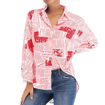 Blusa Camisa De Mujer Chemisier Casual Blusa Elegante Letra De La Moda Periódico Botón De La Chaqueta, Tops Camisa De Femme 2020 Nuevas Рубашка