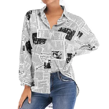 Blusa Camisa De Mujer Chemisier Casual Blusa Elegante Letra De La Moda Periódico Botón De La Chaqueta, Tops Camisa De Femme 2020 Nuevas Рубашка