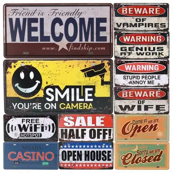 Bienvenido/WIFI Placa de Licencia de Tienda de Decoración de la Pared de Casino de Estaño Signo de época Carretera de la Guía de Señales Metálicas de Pintura Placas Cartel de la Sonrisa