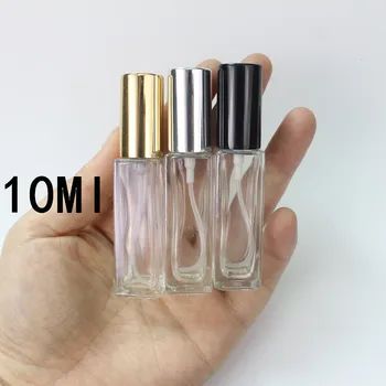 10pcs/lote de 10 ml Transparente Delgada de Vidrio Botella de Spray de la Muestra Frascos de Vidrio Portátil Mini Perfume Atomizador de la Plata del Oro negro Cap