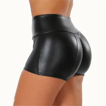 Las mujeres de Cintura Alta de Aspecto Mojado de la PU de Cuero Cortos Sexy Elastic pantalones Negros pantalones de Sudadera Slim Fit Clubwear