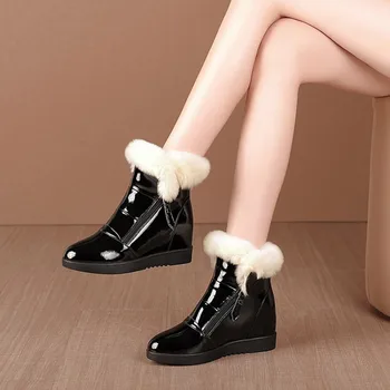 MLJUESE 2021 mujeres de tobillo botas de cuero de Vaca de Invierno de Lana mezcla Rubbit cabello puntera redonda cuñas tacones de mujer botas de tobillo de la talla 40