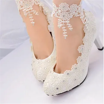 Las mujeres blancas de tacón alto zapatos de novia zapatos de mujer de encaje de novia de la flor de zapatos de las mujeres zapatos de poca profundidad de los zapatos de 4.5 / 8cm grandes