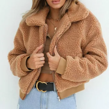 La moda de invierno de lana de imitación de piel chaqueta de abrigo de las mujeres de la felpa caliente de espesor de peluche capa femenina casual abrigo