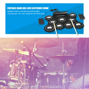 USB Electronic Drum Set Con Baquetas 7 Pastillas Portátil Rollo de Silicona de Tambor para los Amantes de la Música Juego de Accesorios