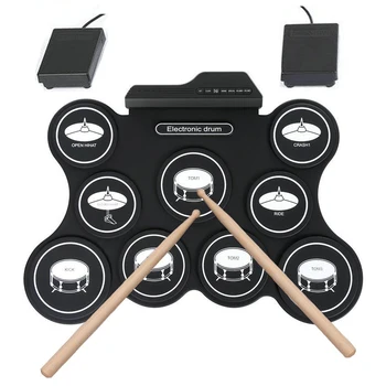 USB Electronic Drum Set Con Baquetas 7 Pastillas Portátil Rollo de Silicona de Tambor para los Amantes de la Música Juego de Accesorios