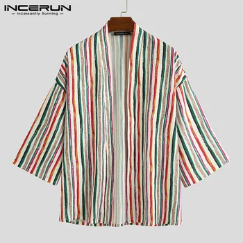 Los hombres de la Camisa de Rayas Abrir la Puntada de Manga 3/4 2021 Vintage Cárdigan Suelto Casual Tops Kimono Ropa para Hombre Camisetas de Harajuku INCERUN