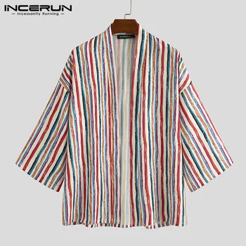 Los hombres de la Camisa de Rayas Abrir la Puntada de Manga 3/4 2021 Vintage Cárdigan Suelto Casual Tops Kimono Ropa para Hombre Camisetas de Harajuku INCERUN