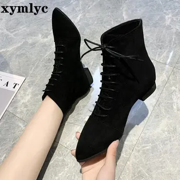 2020 las nuevas mujeres botas de invierno de la moda de punta gruesa con botines de Mujer con cordones Negro Cómodo de Gamuza Botines de mujer