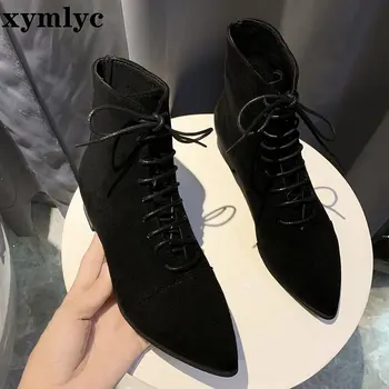 2020 las nuevas mujeres botas de invierno de la moda de punta gruesa con botines de Mujer con cordones Negro Cómodo de Gamuza Botines de mujer