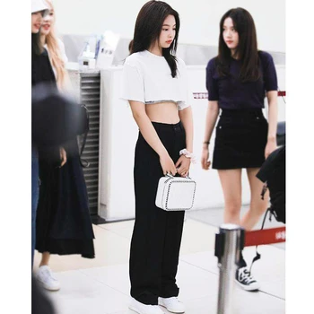 Kpop coreano de la Celebridad de verano nuevo negro suelto casual de talle Alto recto pantalones de las mujeres de la calle Alta de Harajuku suelto Sólido pantalones