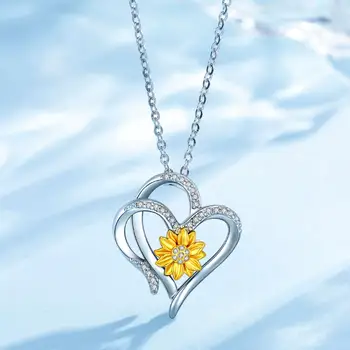 EUDORA Real 925 de la plata esterlina del corazón a corazón de oro de girasol Colgante de collar de flores de Cristal de la CZ de la Joyería fina con cuadro de D602
