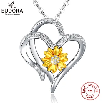 EUDORA Real 925 de la plata esterlina del corazón a corazón de oro de girasol Colgante de collar de flores de Cristal de la CZ de la Joyería fina con cuadro de D602