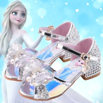 Disney Frozen Elsa Niños Zapatos De Cuero Para Niña De Verano De La Flor Boca De Pez De Cristal Sandalias Niños De Tacón Alto Zapatos De Las Niñas