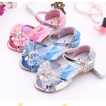 Disney Frozen Elsa Niños Zapatos De Cuero Para Niña De Verano De La Flor Boca De Pez De Cristal Sandalias Niños De Tacón Alto Zapatos De Las Niñas