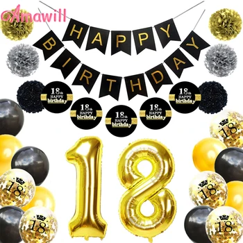 Amawill Celebrar el 18 de Decoraciones de Fiesta Para el Negro Feliz Cumpleaños Bandera de Oro en el Número 18 de Lámina de Globos de Látex, Globos Confeti