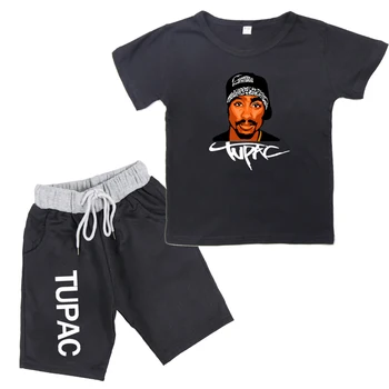 2pcs Niños Conjuntos de Rap Tupac Impreso Rapero Niños camiseta de Manga Corta+Cortos de Niño de Verano Niños Camisetas Niña Camiseta del Traje de la Ropa