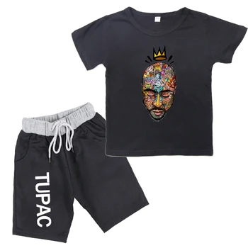 2pcs Niños Conjuntos de Rap Tupac Impreso Rapero Niños camiseta de Manga Corta+Cortos de Niño de Verano Niños Camisetas Niña Camiseta del Traje de la Ropa