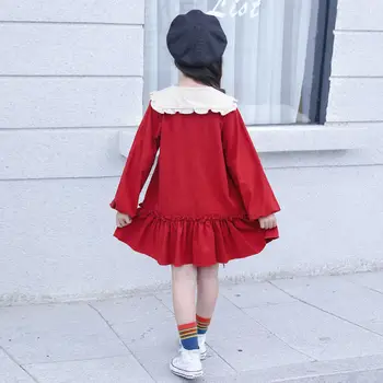Las niñas de la Primavera y el Otoño Vestidos Casuales de corea de Manga Larga de Cuello Marinero Vestido de los Niños De 3-13 Años de Edad Sólidos Sueltos Recta Ropa