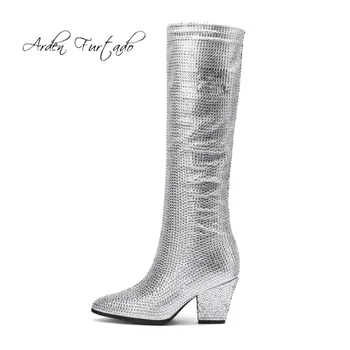 Arden Furtad2018 de otoño de la moda de la rodilla botas altas de cristal zapatos de moda para mujer de las señoras rhinestone de plata de oro botines de tamaño 33 41