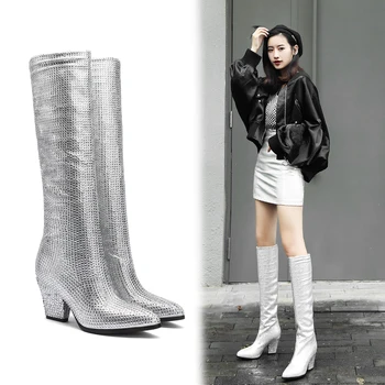 Arden Furtad2018 de otoño de la moda de la rodilla botas altas de cristal zapatos de moda para mujer de las señoras rhinestone de plata de oro botines de tamaño 33 41