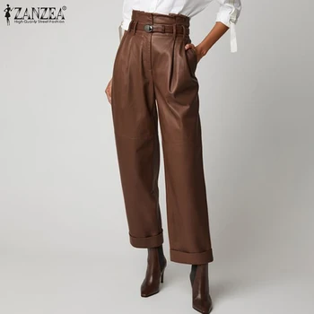 Las mujeres del Ancho de la Pierna de los Pantalones ZANZEA 2021 de la Moda de Cuero de la PU Pantalones Casual Botón Zip Largo Pantalon Mujer Negro Nabo de gran tamaño
